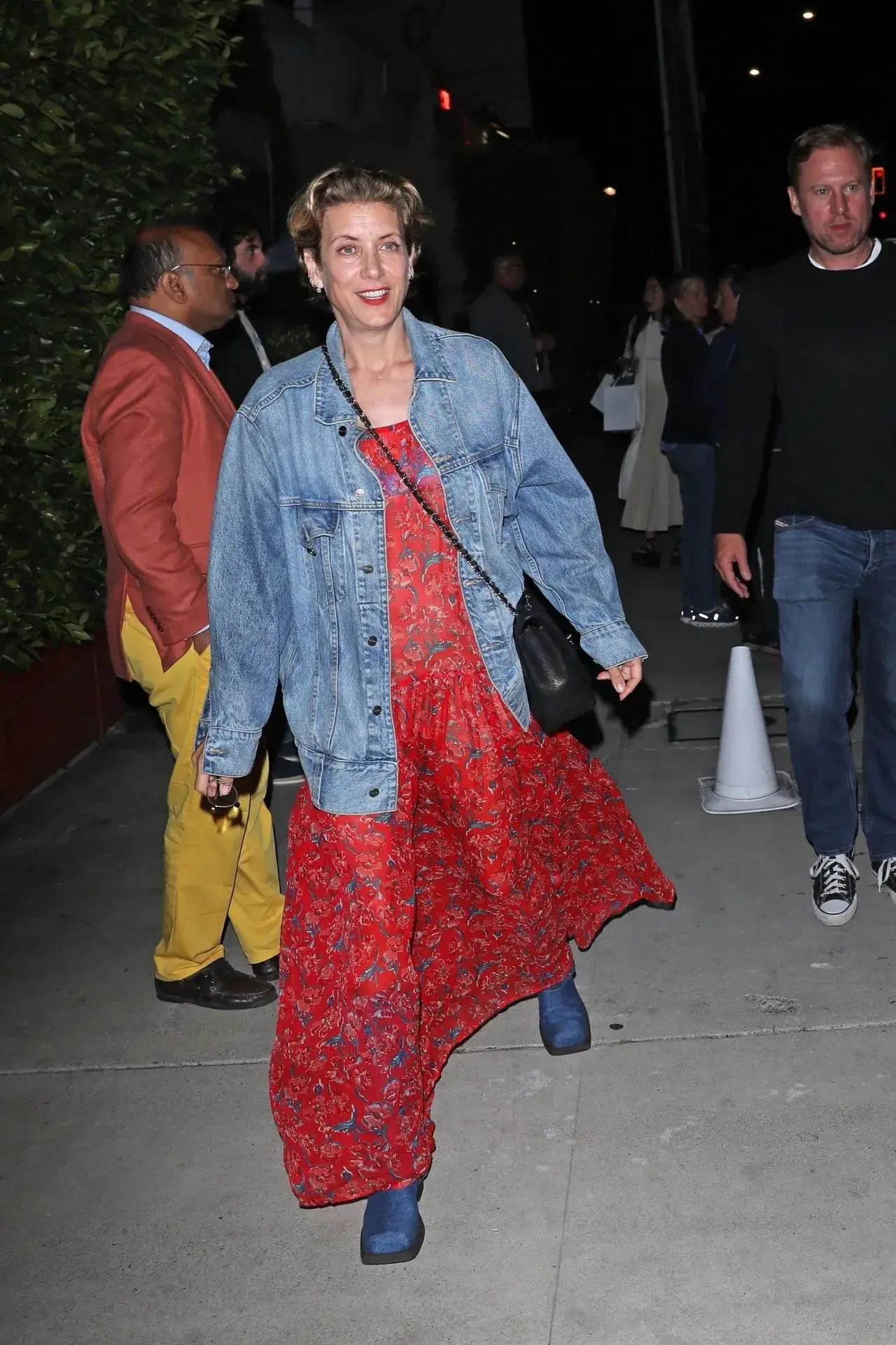 Kate Walsh Stills in Red Floral Dress and a Denim Jacket in Santa Monica